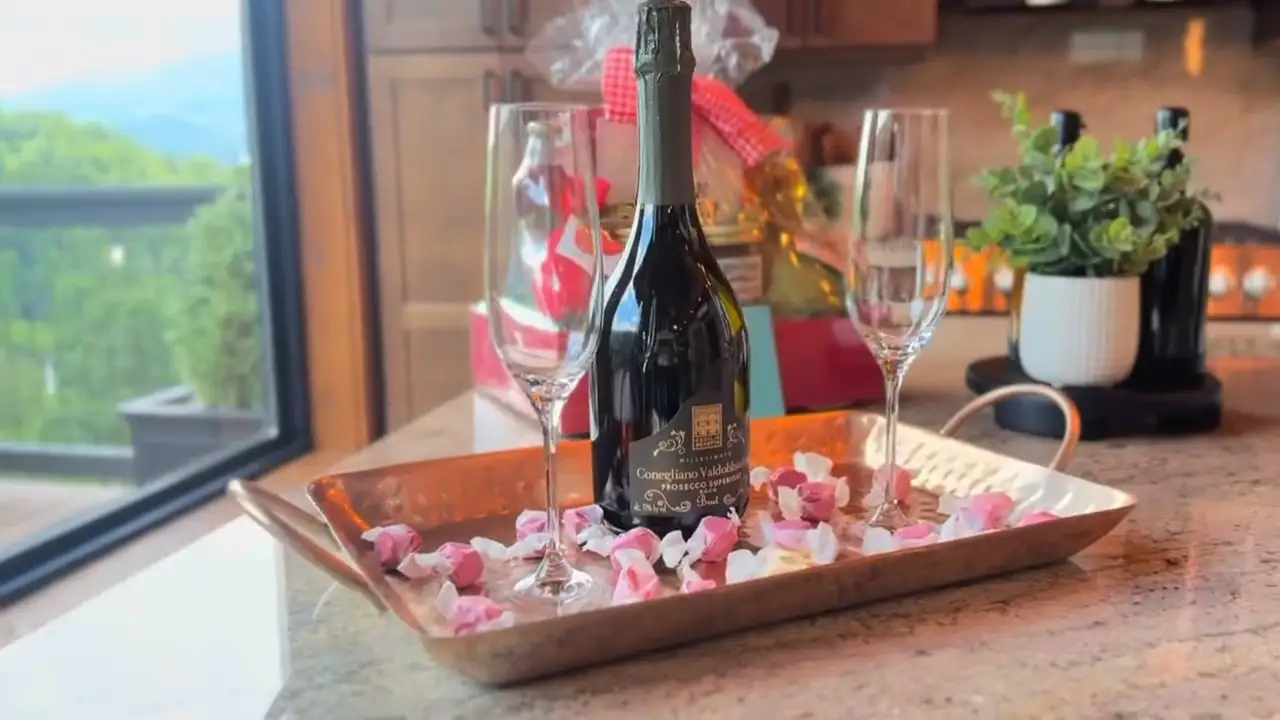 Welcome tray with sparkling wine by a window with a mountain view, from our own video